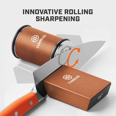 an image of a knife sharpener with the words innovative rolling sharpening on it