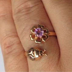 New Lady Bug Snd Flower Ring Fits 7-8 Adjustable Ring 14 K Rose Gold Custom Made One Of A Kind Ring Valentine's Day Gold Flower Ring, Gold Flower Ring With Ruby Gemstone, Vintage Adjustable Gold Flower Ring, Red Ruby Gemstone Flower Ring, Ladybug Ring Jewelry, Bug Ring, K Rose, Rose Gold Flower, Gold Flower