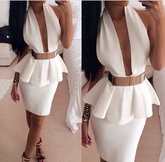 Wonderful in white White Two Piece Outfit, White Peplum, White Cocktail Dress, Gold Belt, Backless Prom Dresses, Backless Wedding Dress, 2014 Fashion, New Classic, Bandage Dress