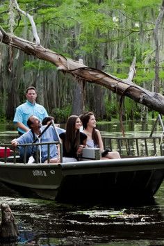 a group of people riding on the back of a boat in a swampy area