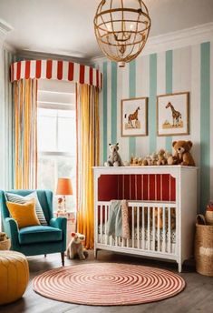 a baby's room with striped walls and colorful furniture, including a crib