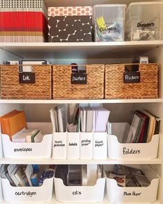 organized bookshelf with bins, baskets and file folders