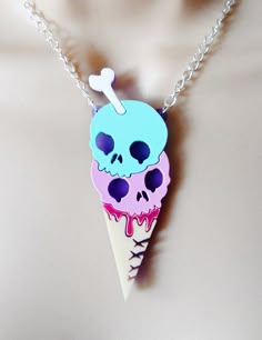 Part of our pastel collection this piece features a creepy cute double scoop of skull ice cream with oozing raspberry sauce and bone flake. It measures 7cm and is suspended from an allergy free 18 inch silver plated curb chain. Your purchase will be gift wrapped ready for giving or as a treat for yourself. Skull Ice Cream, Cream Necklace, Pastel Goth Aesthetic, Raspberry Sauce, Pastel Goth Fashion, Yami Kawaii, Kawaii Accessories, Goth Aesthetic, Acrylic Jewellery