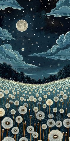 a field full of dandelions under a night sky