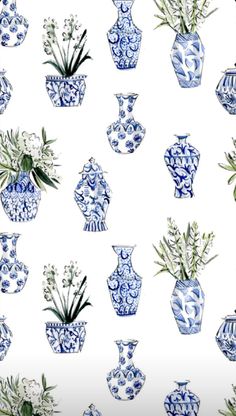 blue and white vases with flowers in them on a white wallpaper design background