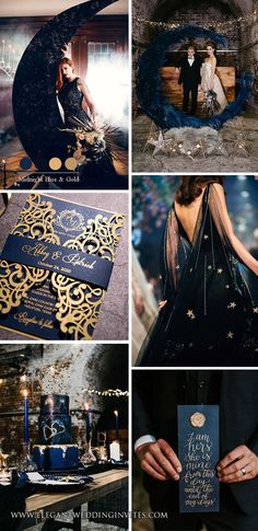 a collage of photos with gold and blue details on them, including an image of a bride and groom