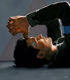 a painting of a man laying on the ground with his hand over his head and eyes closed