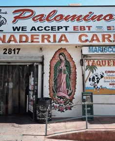 the front of a mexican restaurant with advertisements on the building's walls and doors