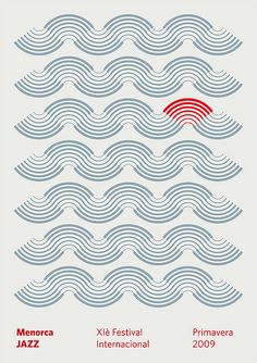 a poster with an image of waves in red and blue on the bottom, below it is