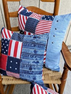 an american flag patchwork pillow on a chair