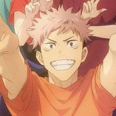 an anime character with pink hair holding his hands up in the air and smiling at the camera