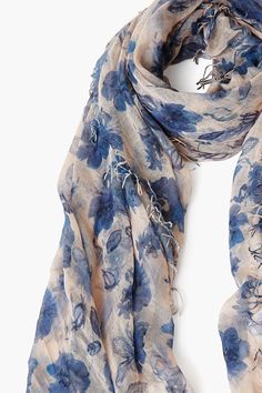 Featuring a light blue French floral print, this essential cashmere scarf is crafted from our signature handmade scarves. It's soft and lightweight yet incredibly warm, perfect for year-round wear. Features decorative fringe trim along the edges. 70% Cashmere, 30% Silk. 58" x 62" Woven in Inner Mongolia. Blue French, Inner Mongolia, French Floral, Bandana Hairstyles, Fringe Scarf, Summer Scarves, Chan Luu, Lovely Clothes, Floral Scarf