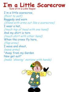 "I'm a Little Scarecrow" Song with motions/movement. to the tune of "I'm a Little Teapot" Scarecrow Song, Thanksgiving Songs, Kindergarten Songs, Crafts For Preschoolers, Halloween Songs