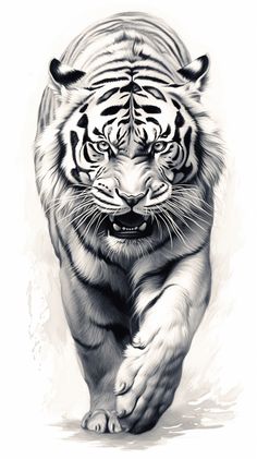 a black and white drawing of a tiger running with it's front paws on the ground