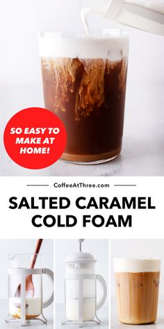 the salted caramel cold foam is being poured into a cup