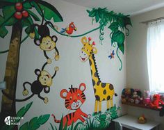 a child's room decorated with colorful jungle animals and monkey wall decals on the walls