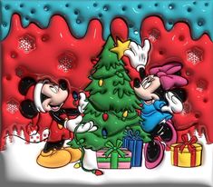 mickey and minnie mouse decorating a christmas tree