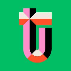 the letter u is made up of two different colors and black, pink, and green