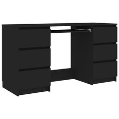 a black desk with two drawers and one door open