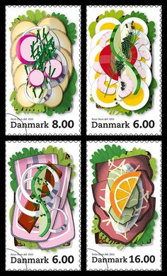 four stamps with different designs on them, each featuring fruit and vegetables in the center