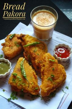 breaded pakora with dipping sauces and a cup of coffee on the side