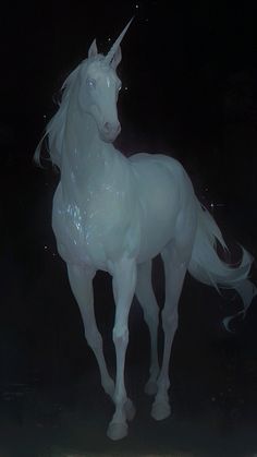 a white horse standing in the dark with its head turned to look like an unicorn