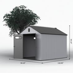 a small shed with a tree growing out of the door and measurements for it's height