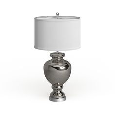 a silver table lamp with a white shade on the top and bottom part of it