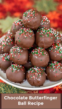 a plate full of chocolate covered donuts with sprinkles on them sitting on a table