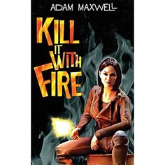 a woman sitting on top of a suitcase in front of a book cover that reads kill with fire