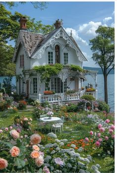 a white house surrounded by lots of flowers next to the water with trees in the background