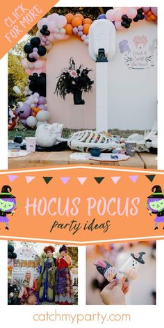 an orange and white photo with the words hoccus pocus party ideas