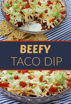 beefy taco dip in a bowl with tortilla chips