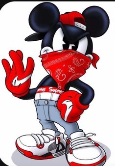 a cartoon mouse wearing a bandana and holding his hand up to the side with both hands