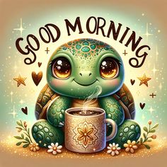 a cute little turtle holding a cup of coffee with the words good morning on it