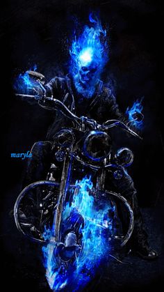 a man riding on the back of a motorcycle with blue flames in front of him