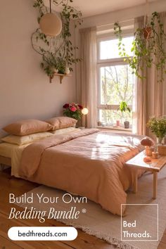 a bed sitting in a bedroom next to a window with plants hanging from it's sides