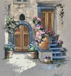 a painting of a house with potted plants and flowers on the front steps, next to a hand holding a paintbrush