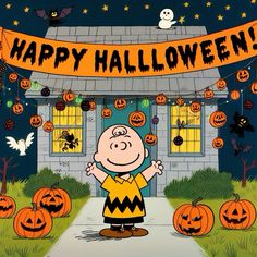 a cartoon character standing in front of a house decorated with pumpkins and decorations for halloween