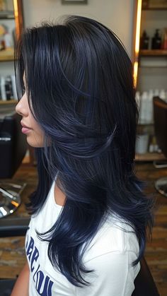 24 Glamorous Blue Black Hair Concepts Black Brown Hair Highlights, Midnight Black Hair Color, Midnight Blue Hair Balayage, Black Blue Hair Color Dark, Navy Dark Blue Hair, Navy Blue And Black Hair, Navy Blue Hair Color Highlights, Super Dark Blue Hair, Black Blue Highlights Hair