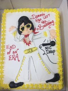 a sheet cake decorated with elvis presley and mic dropp