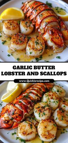 garlic butter lobster and scallops on a white plate with lemon wedges