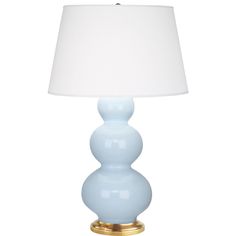 a light blue lamp with a white shade on it's side and a gold base