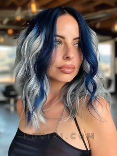 Blonde With Color Money Piece, Navy Blue And Blonde Hair, Hair Inspo Color Blue, Dark Blue And Blonde Hair, Winter Blue Hair, Blonde With Color Highlights, Blond And Blue Hair, Grey And Blue Hair, Hair Color Trends 2024 Women