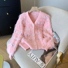 Korean Style Sweet Mohair Cardigan Women 2024Suitable for people weighing 40kg-60kg Luxury Pink Knitted Cardigan, Affordable Pink Chic Cardigan, Affordable Chic Pink Cardigan, Cheap Pink Spring Cardigan, Pink Soft Knit Cardigan, Pink Fuzzy Cropped Cardigan, Cheap Cute Pink Cardigan, Luxury Pink Knit Cardigan, Luxury Chic Pink Cardigan