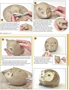 instructions for making an animal head out of clay, including the nose and hands with toothbrushes