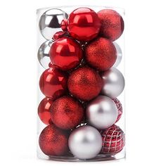 red and silver ornaments in a clear container