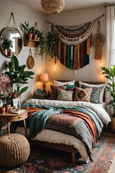 a bed room with a neatly made bed and potted plants