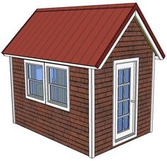 a small brown house with a red roof and two windows on the front, side view