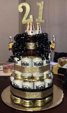 a cake made to look like it is stacked on top of each other with bottles